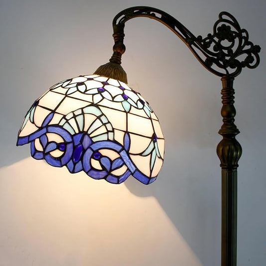 WERFACTORY Tiffany Floor Lamp Navy Blue White Stained Glass Arched Lamp 12X18X64 Inches Gooseneck Adjustable Corner Standing Reading Light Decor Bedroom Living Room S003B Series