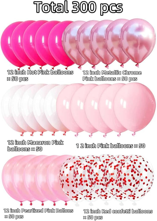 300 Pcs Pink Balloons 12 Inch Different Shades of Pink Party Balloon Set, Suitable for Wedding, Graduation, Birthday Party Various Event Decorations