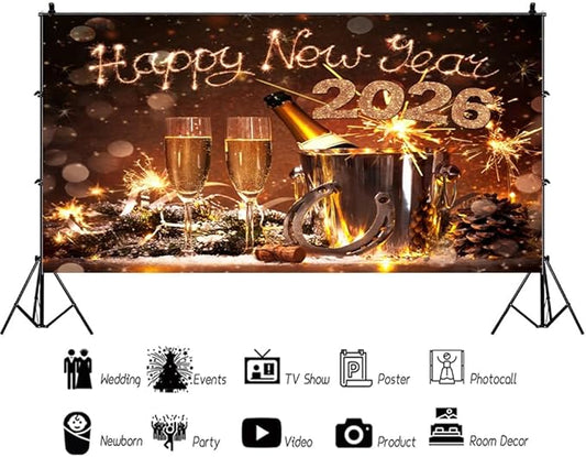 AOFOTO 15x8ft Happy New Year 2026 Backdrop Champagne Wine Beer Gold Sparklers Fireworks Bokeh Light Spot New Year's Eve Backdrop Banner Carnival Celebration Background Party Decorations Props