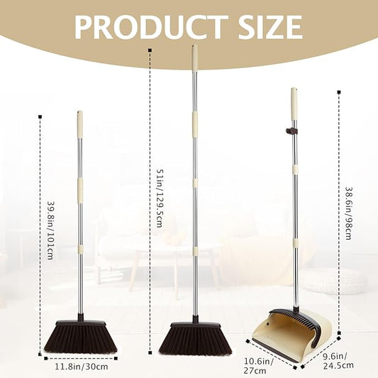Broom and Dustpan Set with Long Handle, Heavy Dust Broom and Dustpan Combo for Home,Kitchen, Office, Pet Hair(Beige)