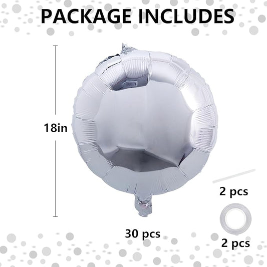TONIFUL 30Pcs 18 Inch Round Balloons Large Silver Round Shape Foil Balloons Big Silver Round Helium Mylar Decorations for Birthday Wedding Baby Shower Anniversary Engagement Party Supplies
