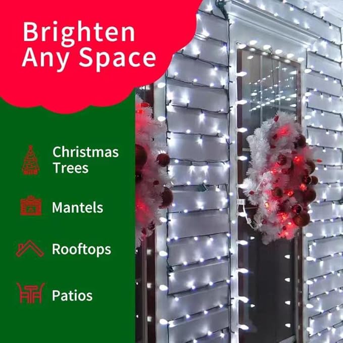 100LED C6 Lights,Green Wire,Waterproof Battery Case,Multi Functions,Timer,Cool White(2 Sets - Each 50 Count LED)