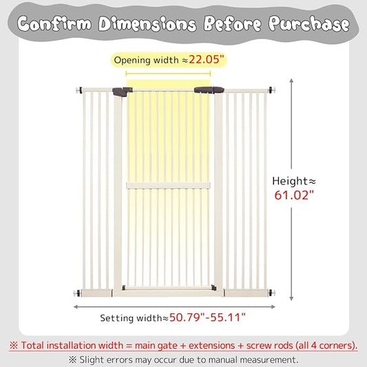 Lumizone Extra Tall Cat Gate 61.02" High Pressure Mounted Extra Wide 50.79"-55.11" (17Sizes) 1.37" Gap No Drilling Auto-Close Tall Pet Gate for Dogs (Cream, 50.79"-55.11" W)