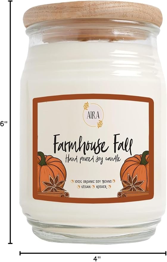 Aira Fall Soy Candles - Organic, Kosher, Vegan, Farmhouse Candle w/Aromatherapy Essential Oils - Hand-Poured 100% Soy Candle Wax - Paraffin Free, Burns 60+ Hours - Farmhouse Fall - 20 Ounces