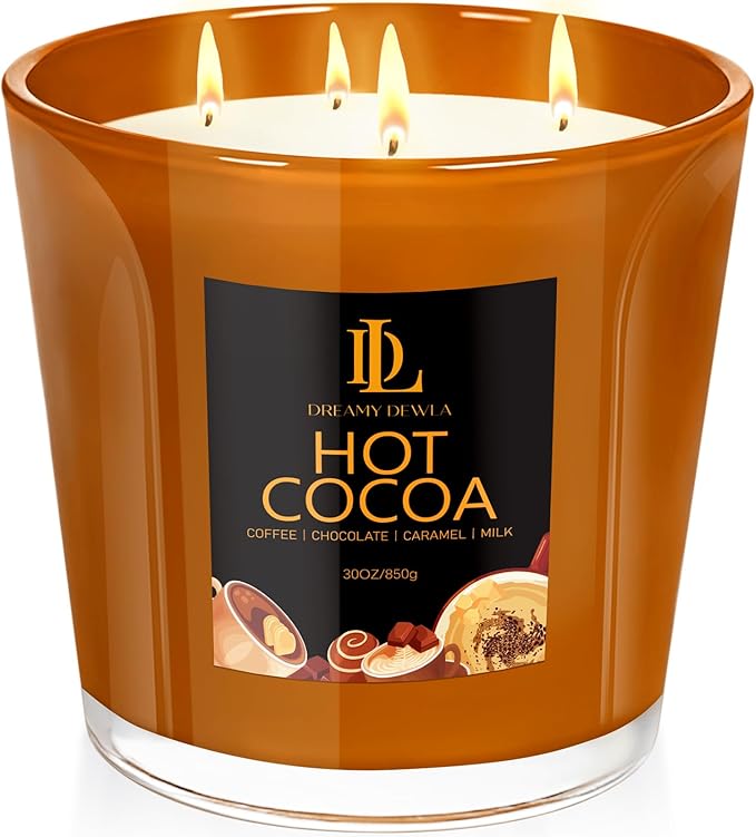 Large Candle Hot Cocoa Scented, 4 Wick Natural Soy Candles for Home Scented, 30oz Big Holiday Candle Long Lasting, Home Kitchen Scent Candles Valentine's Day Gifts for Women Men