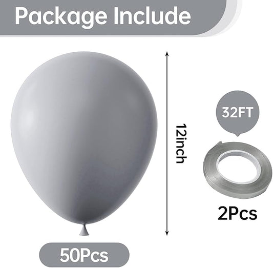 KALOR 12 Inch Gray Balloons, 50 Pcs Latex Helium Balloons for Kid's Birthday Party, Baby Shower, Wedding, Graduate Party Decorations