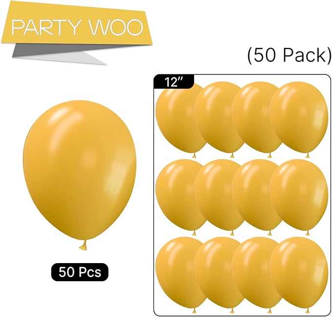 PartyWoo Mustard Yellow Balloons, 50 pcs 12 Inch Boho Yellow Balloons, Dark Yellow Balloons for Balloon Garland or Balloon Arch as Birthday Party Decorations, Baby Shower Decorations, Yellow-F57