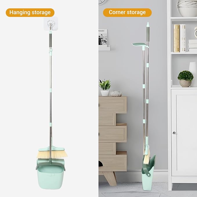 Broom and Dustpan Set,Long Handle Broom and Dustpan Set,Broom with Stand Up Dustpan Combo Set,for Home, Office, Lobby(Coffce)