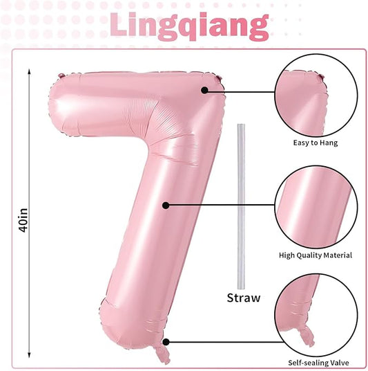 Light Pink Foil Balloon Number 7, 40'' Giant Self Inflating Number Balloons Set 0-9, Large Pastel Pink Number 7 Helium Balloon for Girls 7th Birthday Princess Party Decorations Supplies