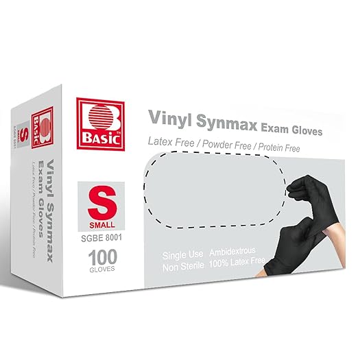 Jointown Basic Disposable Medical Synmax Vinyl Exam Gloves- 4 mil Safty Glove 100pcs - Latex-Free & Powder-Free - SGBE 8001, Small (box of 100, Black)