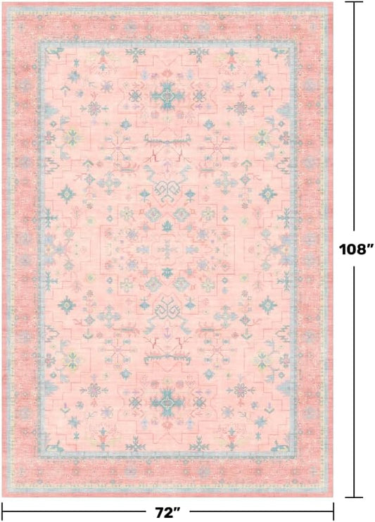 Washable Pink and Blue 6x9 Oushak Rugs for Bedroom Girls, Living Room Kids Playroom Nursery Room, Modern Floral Distressed Design, Soft Faux Wool Low Pile Non Slip Stain Resistance Carpet