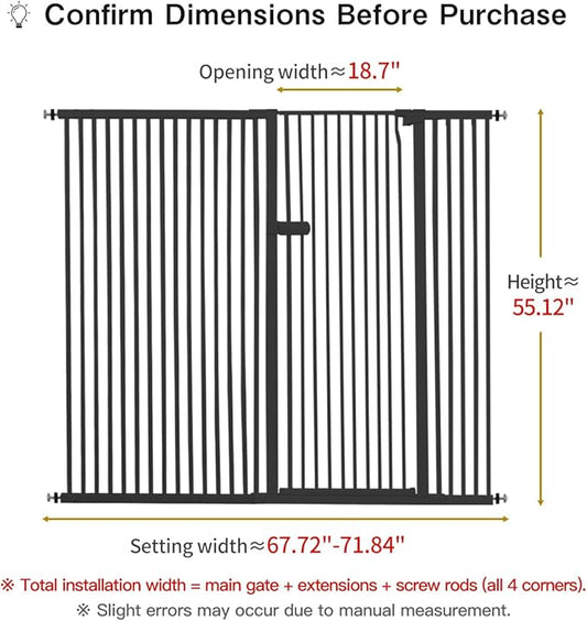 Lumizone Extra Tall Cat Gate 55.12" High Pressure Mounted Extra Wide 2025 New (17 Sizes) 1.37" Gap No Drilling Auto-Close One-Handed Operation Tall Pet Gate for Dogs(Black, 55.12" H x 67.72"-71.84" W)