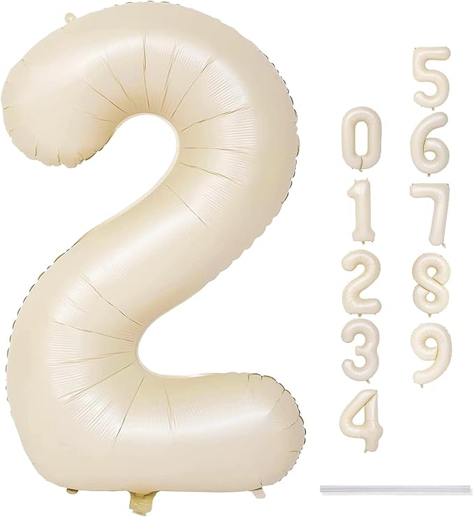 Cream 2 Balloons, 40 Inch Giant Helium Foil Number 0-9 Beige 2th Birthday Balloon for Boys Girls, Self Inflating White Sand Digit 2 Balloons for Women Men Anniversary Party Decorations Supplies