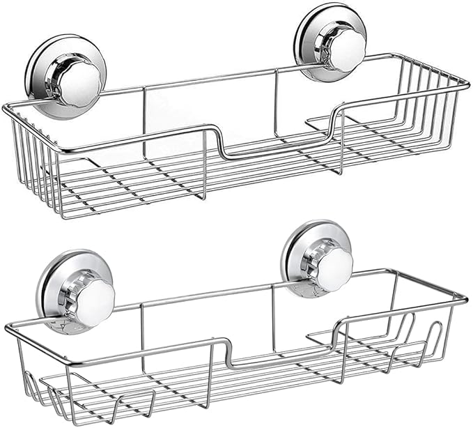 iPEGTOP Strong Suction Cup Shower Caddy Bath Shelf Storage with 4 Side Hooks, Combo Organizer Basket for Shampoo, Conditioner, Soap, Razor Bathroom Accessories, Chrome, 2 Count