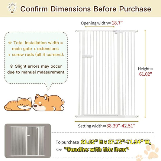 Lumizone Extra Tall Cat Gate 61.02" High Pressure Mounted Extra Wide 2025 New (17 Sizes) 1.37" Gap No Drilling Auto-Close One-Handed Operation Tall Pet Gate for Dogs(White, 61.02" H x 38.39"-42.51" W)