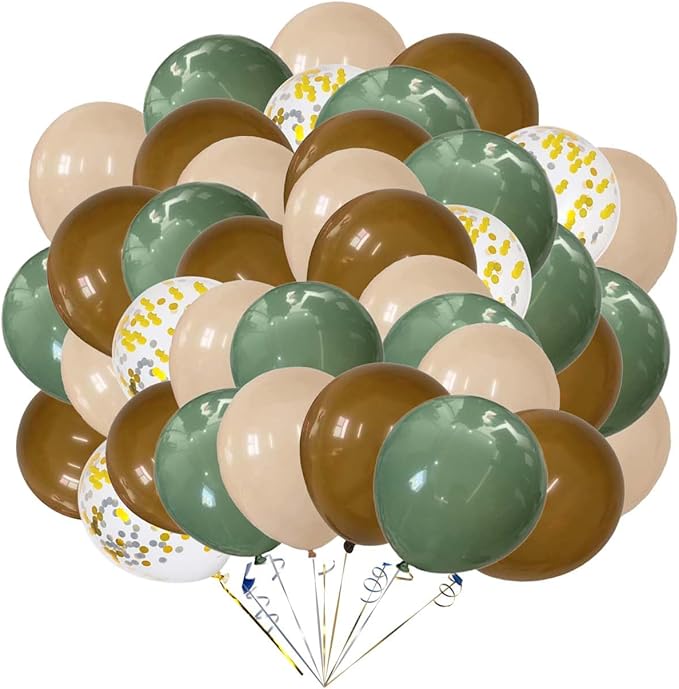12 inch Green Brown Balloons,Sage Green and Brown Latex Balloons Woodland Camo Army Olive Green Dark Brown Coffee Confetti Balloons for Safari Jungle Woodland Birthday Baby Shower Decorations