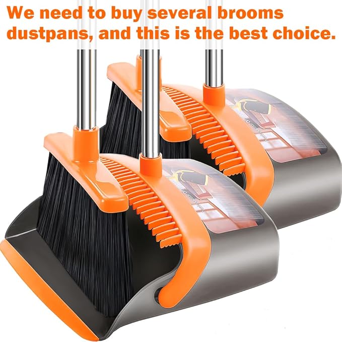2-Pack is More economical,Upgraded Upright Broom and Dustpan Combo with 52" Long Handle, Dustpan Teeth with self-Cleaning Function, Indoor and Outdoor Sweeping, Perfect for Home Office