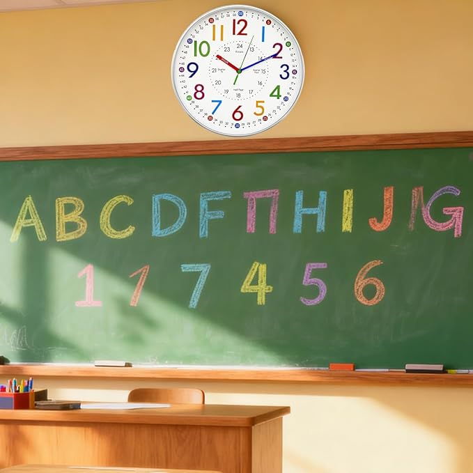 Learning Wall Clock for Kids Bedrooms, 12in Classroom Analog Clock for Kids Learning to Tell Time