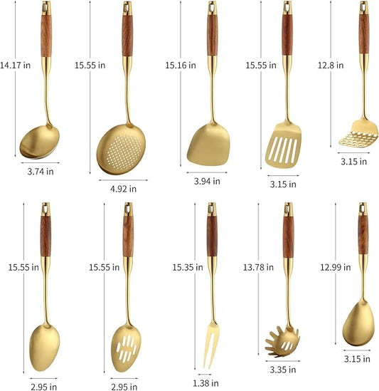 Stainless Steel Kitchen Utensils Set with Wood Handle, 18/10 Metal Cooking Utensils Set, 10-Piece - Spatula, Spoon, Ladle, Skimmer, Slotted Turners, Pasta Server, Fork, Masher(Dishwasher Safe)