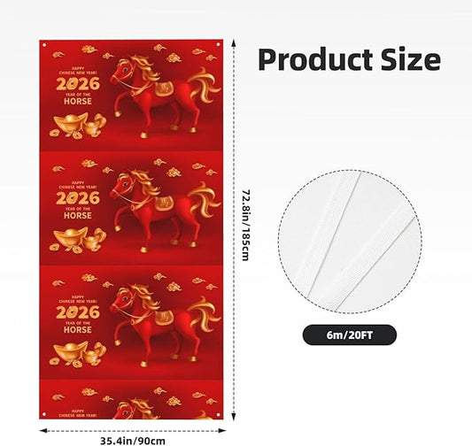 Year Of The Horse Happy Chinese New Year 2026 Door Cover Decorations Banner Flag Welcome Hanging Backdrop Sign Party Background Decor Holiday Supplies 35 * 72 Inches