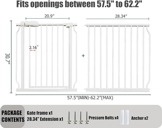Extra Wide Baby Gate, 57.5-62 Inch - White Metal, Pressure Mounted Indoor Safety Gate, Walk-Through Dog Gate for Kids & Pets
