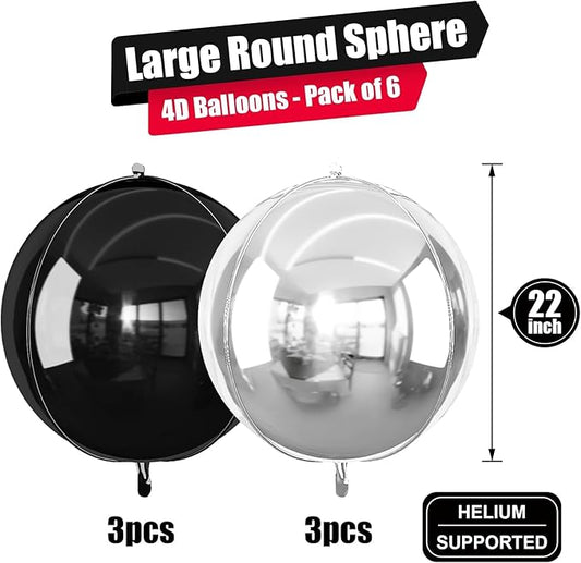 6Pcs Black Silver Round Foil Balloons, 22inch 4D Metallic Silver Black Balloons, Large Round Foil Ball Balloon for Birthday Graduation Christmas New Year Eve Disco Party Backdrop Decorations