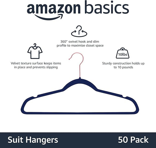 Amazon Basics Slim Velvet, Non-Slip Suit Clothes Hangers, Pack of 50, Navy Blue/Rose Gold