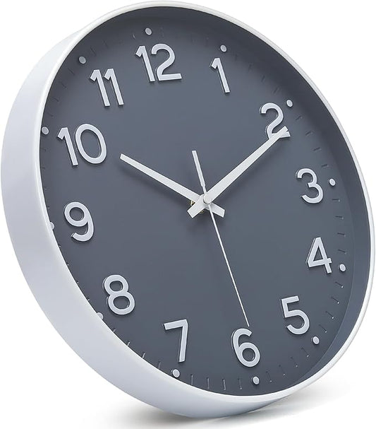 MEIRED Wall Clock 12 Inch Silent Non Ticking Battery Operated Round Wall Clock Modern Simple Style Decor Clock for Home/Office/School/Kitchen/Bedroom/Living Room, Gray and White