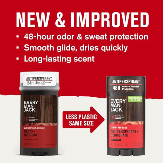 Every Man Jack Men’s Cedar + Red Sage Antiperspirant Deodorant – New & Improved Formula – Smooth Glide, 48-Hour Odor & Sweat Defense– 2.6 oz (2 Pack)
