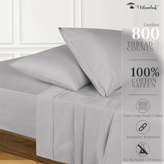 URBANHUT 800 Thread Count Egyptian Cotton Sheets King Size, Long Staple Bed Sheets, 4 Pc Bed Sheet Sets for King Size Bedding, Sateen Weave Luxury Hotel Bed Sheets Fits 16" Deep Pocket - Silver Grey