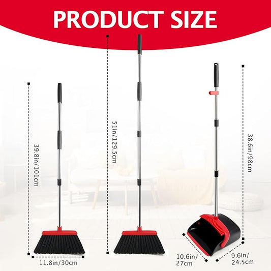 Broom and Dustpan Set with Long Handle, Heavy Dust Broom and Dustpan Combo for Home,Kitchen, Office, Pet Hair 2PCS (Black Red)