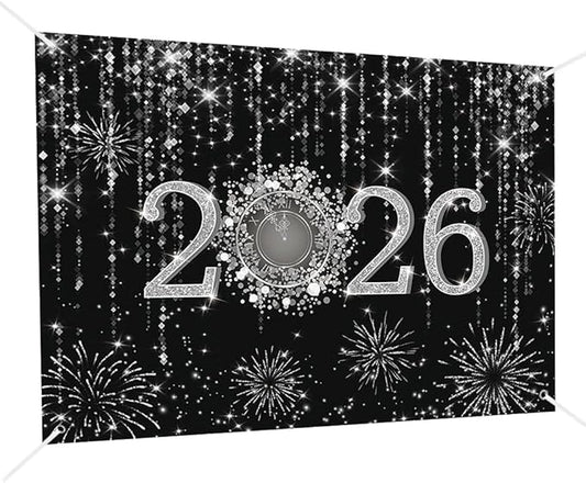 MEHOFOND 7x5ft Black and Silver 2026 New Year Backdrop Cheers to 2026 Photography Background Hello 2026Fireworks Dripping Glitter Dots Clock Decor Time to 2026 New Year Eve Cake Smash Photo Props
