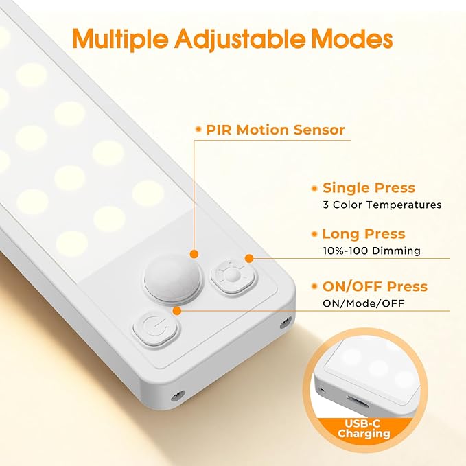 Under Cabinet Rechargeable Dimmable Lighting: 3 Color Temperature Motion Sensor Lights Indoor - Battery Operated Lights - Activated Closet Magnetic Wireless Led Light for Kitchen Home Bathroom 3 Pack