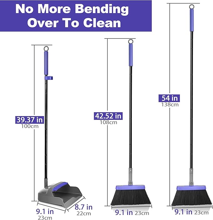 Collapsible Broom with Dustpan Combo, 54 Inch Long Handle Soft Bristle 180 Degree Swivel Brush Indoor Outdoor Kitchen Lobby Dorm Room Classroom, Small Vertical Dustpan with Combing Teeth