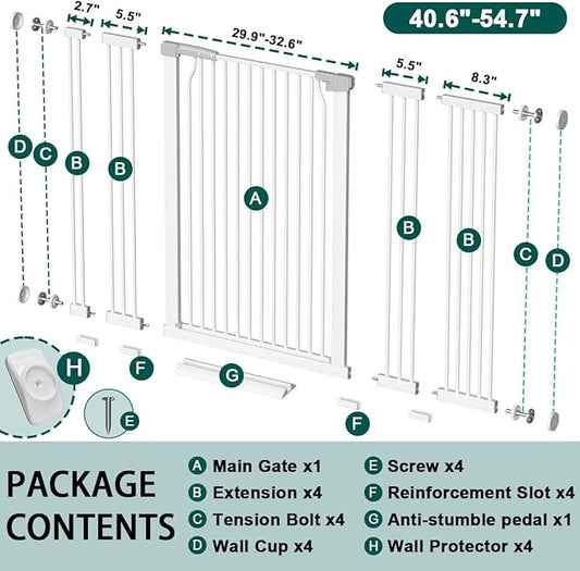 Fairy Baby 40.5" Extra Tall Baby Gate for Stairs, 40.6"-54.7" Extra Wide Dog Pet Gate Indoor Outdoor, Pressure Mounted Walk Thru Swing Metal Safety Child Gate, Cat Puppy Gate for House Doorways, White