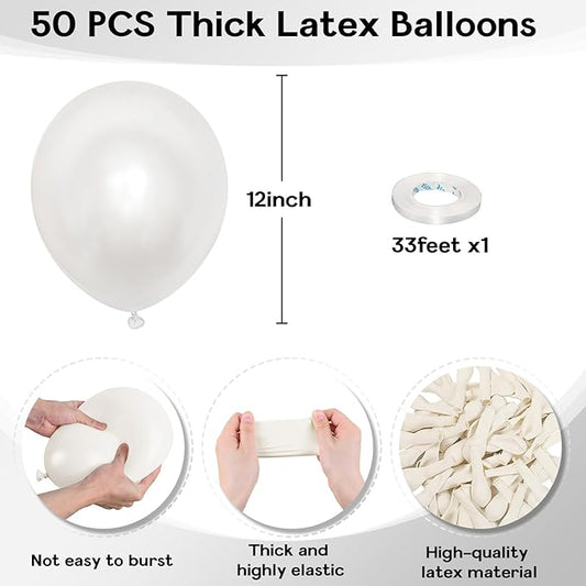 Pearl White Balloons 12 Inch, 50Pcs Pearl Balloon Bright Royal Clear Latex for Arch Helium Birthday Wedding Baby Shower Anniversary Party Decorations