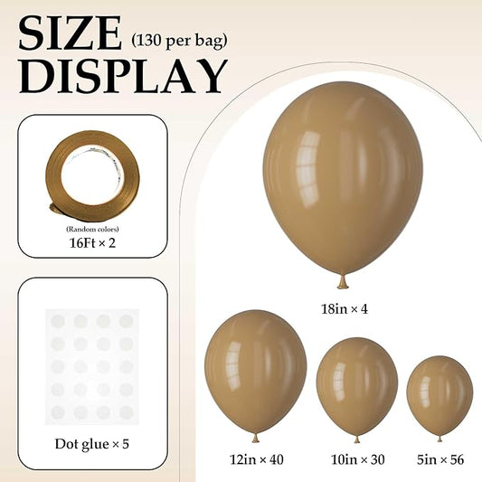 130PCS Khaki Balloons, Latex Balloons Different Sizes 18/12/10/5 Inch, Helium Balloons with Ribbon, Party Balloon Set for Birthday Wedding Graduation Anniversary Baby Shower Decorations.