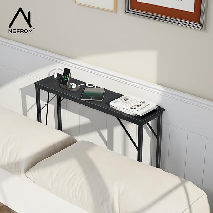 31.5‘’ Console Table, Skinny Entryway Table with Fast-Charging Station, Narrow Long Sofa Table, Behind Slim Couch Table for Entrance, Hallway, Living Room Decor ST-BK80-1