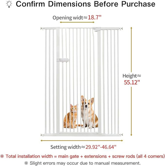 Lumizone Extra Tall Cat Gate 55.12" High Pressure Mounted Extra Wide 2025 New (17 Sizes) 1.37" Gap No Drilling Auto-Close One-Handed Operation Tall Pet Gate for Dogs(White, 55.12" H x 29.92"-46.64" W)