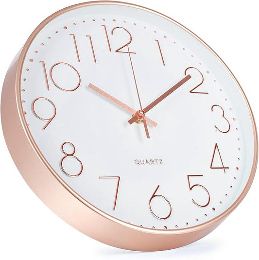 Wall Clock Non-Ticking Silent Modern Simple Style Round Decor Clock Stereoscopic Dial Quartz Wall Clocks for Home/Office/School/Living Room/Bedroom/Kitchen (Rose Gold, 8inch)
