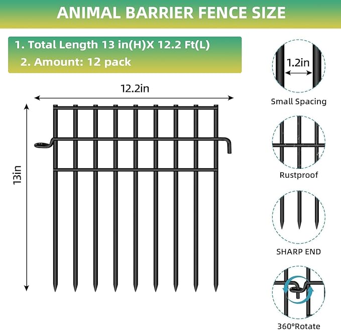 12 Pack Animal Barrier Fence - 13in(H) x12.2ft(L) Metal Fence Barrier for Bottom, 1.2 in Gap Dog & Rabbit Fencing for Garden
