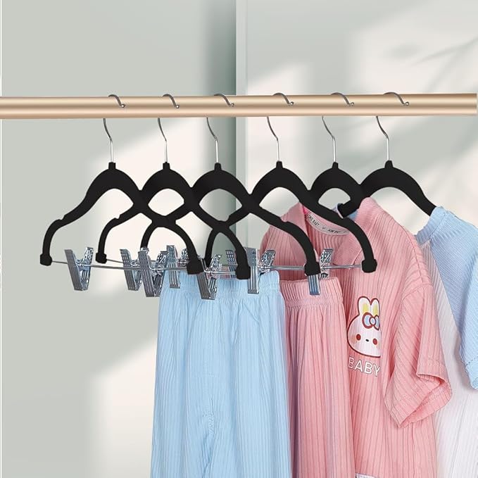 Stormix Baby Hangers, 24 Pack Non-Slip Kids Hangers with Clips - Heavy-Duty for Shirts, Pants, Skirts, Jackets, Coat (Black)