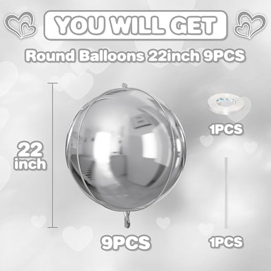 Silver Round Foil Balloons 9 pcs,Metallic Silver Giant 4D Round Balloons 22 Inch for Wedding Graduation Anniversary Baby Shower Birthday Party Decorations