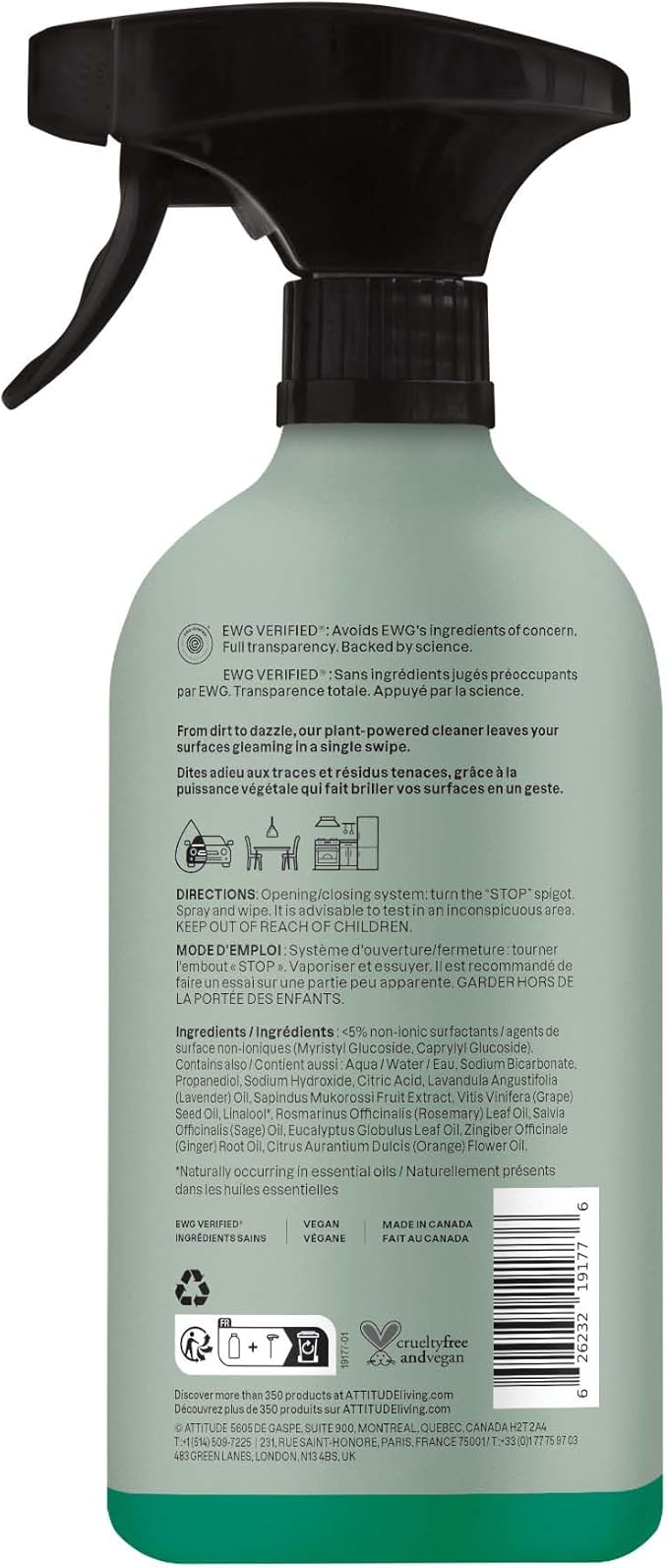 ATTITUDE All-Purpose Cleaner Spray, Natural Origin Ingredients, EWG Verified, Removes Fingerprints, Dust and Dirt, Streak-Less, Lavender & Rosemary, 26 Fl Oz (Pack of 3)