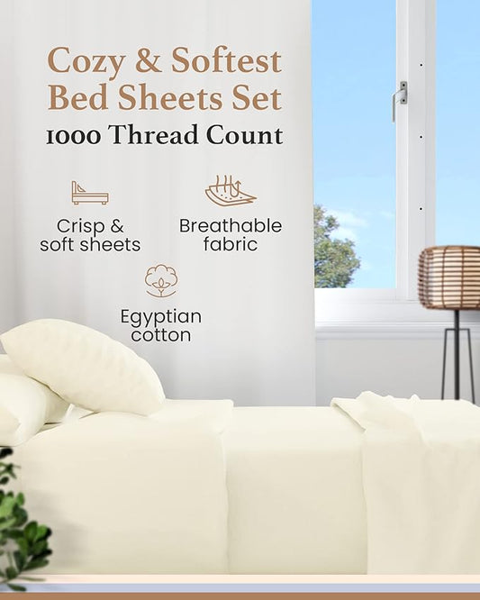 1000 Thread Count Egyptian Cotton Sheets Full Size, 4 Pc Luxury Sheets Set, Long Staple 100% Cotton Sheets for Full Size Bed, 16" Deep Pocket Hotel Style Sheets, Sateen Sheets Full, Ivory
