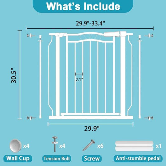 29.9-33.4 in Wide Baby Gate for Stairs Doorways, Auto Close Child Safety Gates Indoor for Dogs Pets, Pressure Mounted Metal Barrier Kids Toddler Door Walk Through, 30" Tall, White