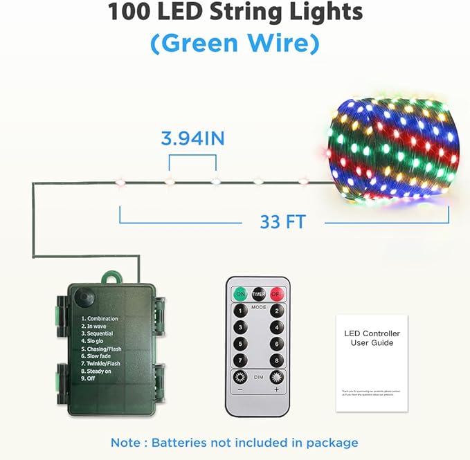 33ft Battery Operated String Lights, 100 LED Fairy String Lights Battery Powered w/Remote & Timer for Indoor Outdoor Christmas Trees Wreath Decoration Bedroom Patio - Multicolor