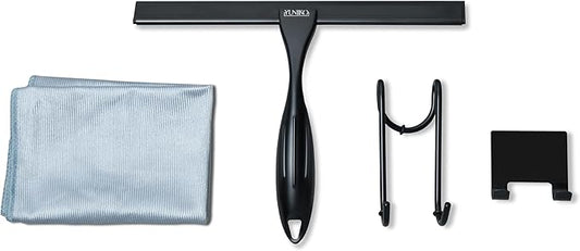 YUNIKO Shower Squeegee – Black Stainless Steel with Silicone Blade for Shower Doors, Windows, Mirrors, Tiles & Car Windows – Includes 2 Adhesive Hooks, Assembly Tool & Microfiber Cloth