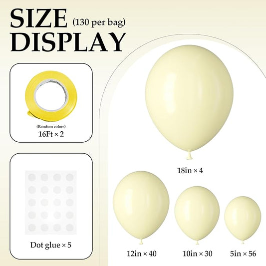130PCS PastelYellow Balloons, Latex Balloon Different Sizes 18/12/10/5 In, Helium Balloons with Ribbon, Party Balloon Set for Birthday Wedding Graduation Anniversary Baby Shower Decoration