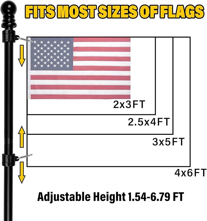 American Flag 3x5 FT with Pole Kit, 6FT Tangle Free Black Flagpole, Heavy Duty Spun Polyester US Flag with Embroidered Stars, Sewn Stripes, Brass Grommets, and Mounting Bracket for Outside House